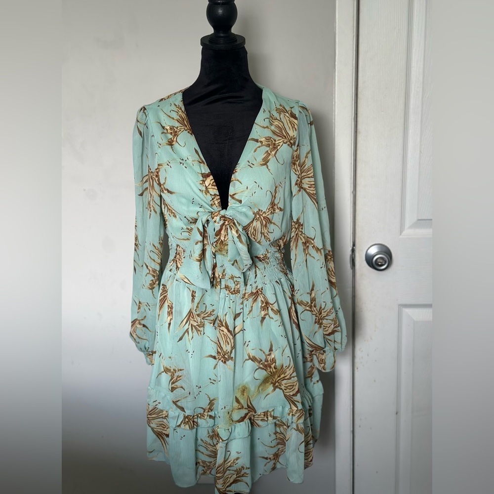 Floral Tie-Front Dress in Mint and Brown